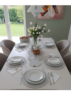 Mtg Jüt Tasarım El Emeği Doğal Jüt Kordon Halattan Açık Gri Salkım Model Amerikan Servis Takımı / 6 Adet Supla / 1 Adet Runner / 1 Adet Ekmek Sepeti