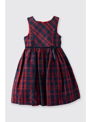 Panço Kız Çocuk Ekose Desenli Beli Kurdelalı Kabarık Lacivert Parti Elbisesi