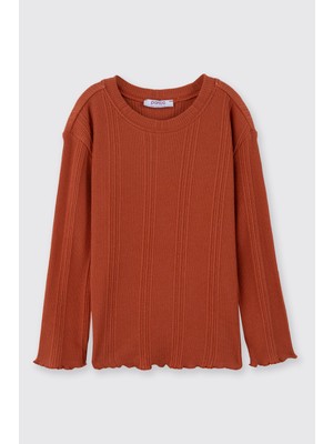 Panço Kız Çocuk Yuvarlak Yaka Uzun Kollu Yumuşak Dokulu Kiremit Tişört