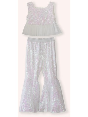 Panço Kız Çocuk Pul Payetli Beyaz Takım