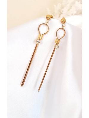 Alsade Minimal Taşlı Sallantı Uzun Çelik Küpe