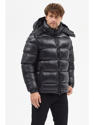 Level High Erkek Siyah Kapüşonlu Şişme Mont – Kalın Kışlık Puffer Mont