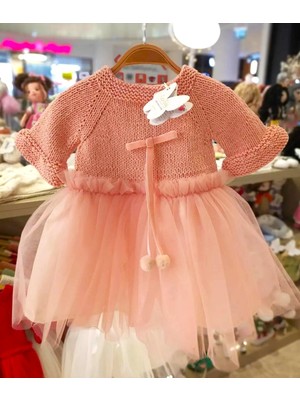 Pacco Baby El Örgüsü %100 Pamuk Yavruağzı Uzun Kol Doğumgünü Elbise Tütü