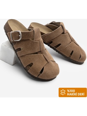 Marjin Kadın Hakiki Deri Önü Kapalı Eva Taban Tokalı Sabo Günlük Süet Terlik Yolis Camel Süet