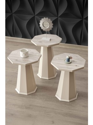 Altınaks Mobilya Elegance 3'lü Sehpa, Yan Sehpa, Zigon Sehpa - Bej & Soho ( Bej Renk ) Desenli Renk Tabla