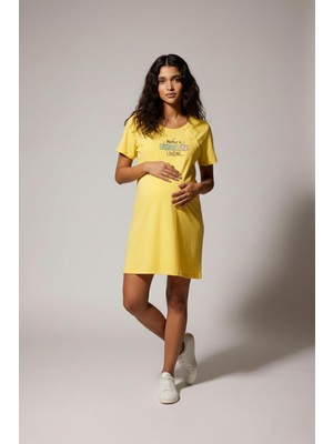 Cotonhause Kadın Sarı Renk Hamile Lohusa Gecelik %100 Pamuk Yumuşak Dokulu Kısa Kol COT514434