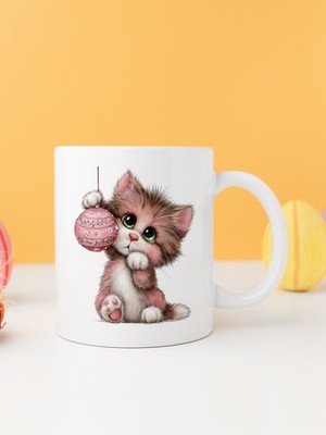 Finka Dekor Yılbaşı Kedili Baskılı-Hediyelik Seramik Kupa Bardak Model 26