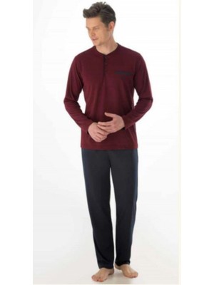 Eros %100 Pamuk Pijama Takımı O Patlı Uzun Kol Erkek Hediyelik Damat Kutulu Bordo