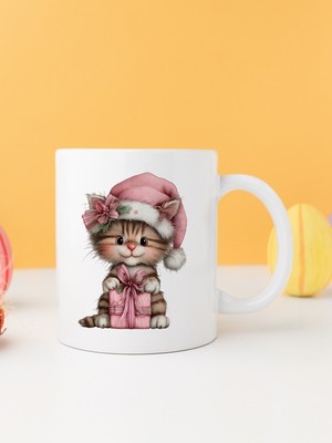 Finka Dekor Yılbaşı Kedili Baskılı-Hediyelik Seramik Kupa Bardak Model 25