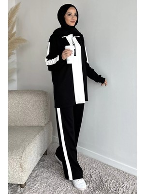 Julude Tesettür Yarım Fermuarlı Renk Garnili Tunik Pantolon Ikili Takım P-00019751