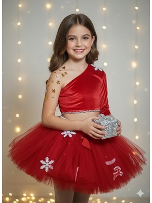 Dodomar 8–9 Yaş – Kırmızı Tütü Etek Kadife Tek Omuz Crop Üst Kristal Taş Hediyeli Yılbaşı Parti Kostümü