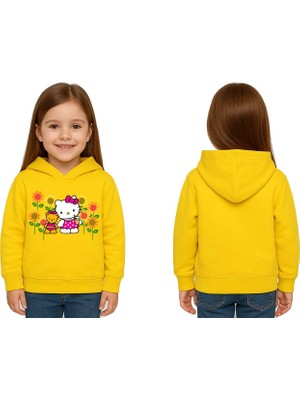 Sedirli Unisex Hello Kity  Baskılı Çocuk Swaetshirt  Baskılı Kapüşonlu 3 Iplik Şardonlu