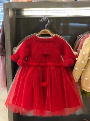 Pacco Baby El Örgüsü %100 Pamuk Kırmızı Uzun Kol Doğumgünü Elbise Tütü