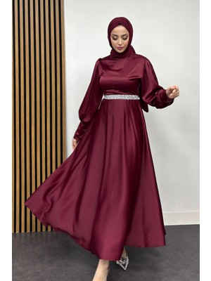 Tesettür Diyarı Bel Taş Detaylı Kolu Manşetli Abiye- Bordo