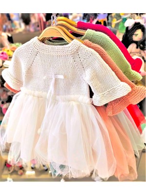 Pacco Baby El Örgüsü %100 Pamuk Ekru Uzun Kol Doğumgünü Elbise Tütü