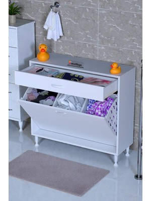 Eliusta Asil 90 cm Kirli Çamaşır Sepetli Banyo Dolabı 1 Çekmeceli Mutfak Çok Amaçlı Dolap 90X88X32,5 cm