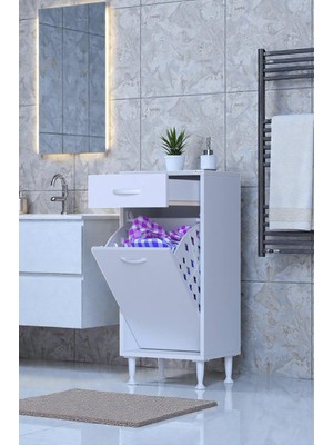 Eliusta Asil 50 cm Kirli Çamaşır Sepetli Banyo Dolabı 1 Çekmeceli Mutfak Çok Amaçlı Dolap 50X88X32,5 cm