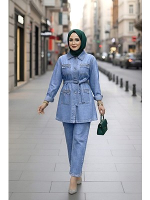 Kadın Taş Detaylıtunik ve Pantolon Kot Mavi Ikili Takım
