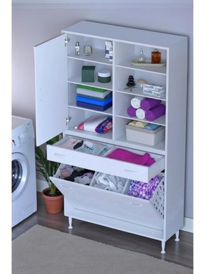 Eliusta Rule Sepetli Banyo/mutfak Dolabı 100 cm Genişliğe Sahip 100X171X32,5 cm Üç Sepetli Beyaz Dolap