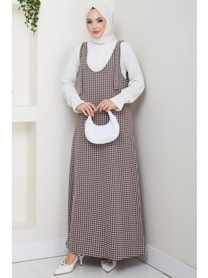 Kaz Ayağı Desen Jile Elbise Kahverengi HM2865