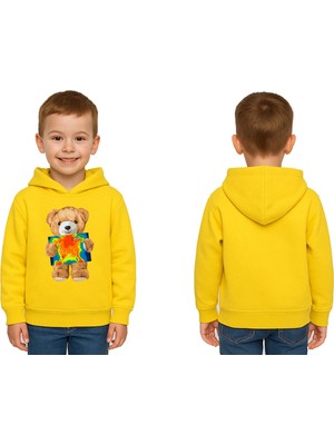 Sedirli Unisex Ayıcık Bear Baskılı Çocuk Kapşonlu Swaetshirt 3 Iplik Şardonlu