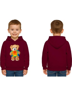 Sedirli Unisex Ayıcık Bear Baskılı Çocuk Kapşonlu Swaetshirt 3 Iplik Şardonlu
