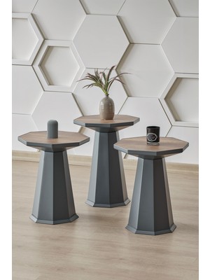 Altınaks Mobilya Elegance 3'lü Sehpa, Yan Sehpa, Zigon Sehpa - Antrasit & Barok (Ceviz) Renk Tabla