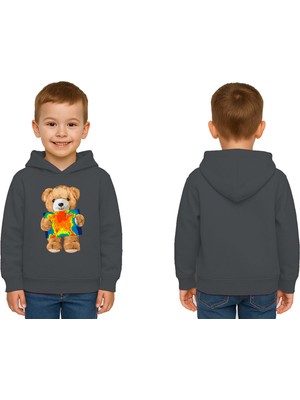 Sedirli Unisex Ayıcık Bear Baskılı Çocuk Kapşonlu Swaetshirt 3 Iplik Şardonlu