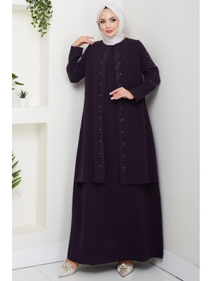 Büyük Beden Boncuklu Taşlı Anne Elbisesi Mor HM2693
