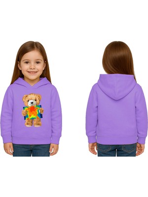 Sedirli Unisex Ayıcık Bear Baskılı Çocuk Kapşonlu Swaetshirt 3 Iplik Şardonlu