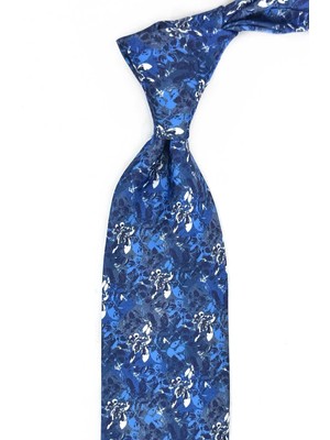 Kravatkolik Mavi - Lacivert Çiçek Desen Baskılı Mendilli Klasik Kravat KK13342