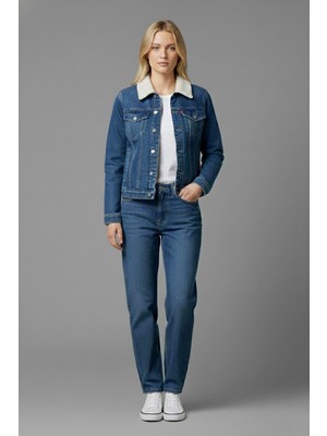 Kadın Kemer Detaylı Çift Cepli Içi Kürklü Denim Mont