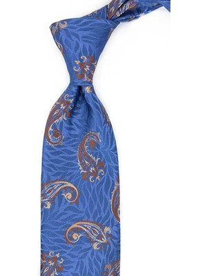 Kravatkolik Mavi - Kahve Şal Desen Mendilli Klasik Kravat KK13303