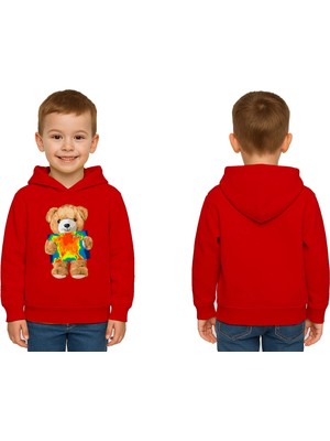 Sedirli Unisex Ayıcık Bear Baskılı Çocuk Kapşonlu Swaetshirt 3 Iplik Şardonlu