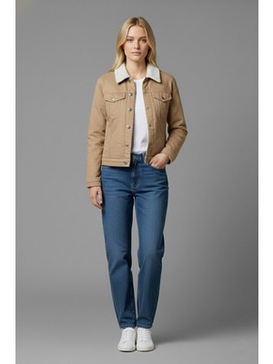 Kadın Kemer Detaylı Çift Cepli Içi Kürklü Denim Mont