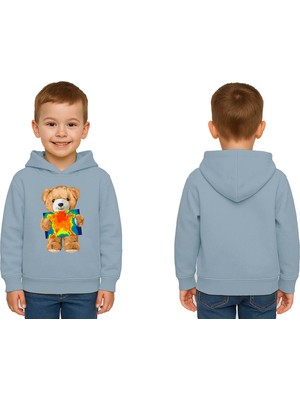 Sedirli Unisex Ayıcık Bear Baskılı Çocuk Kapşonlu Swaetshirt 3 Iplik Şardonlu