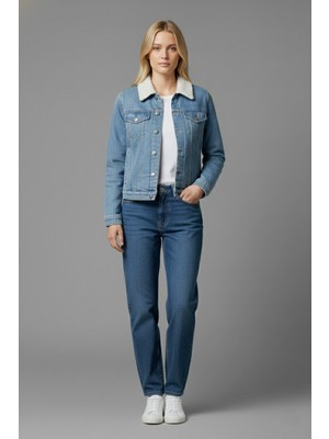 Kadın Kemer Detaylı Çift Cepli Içi Kürklü Denim Mont