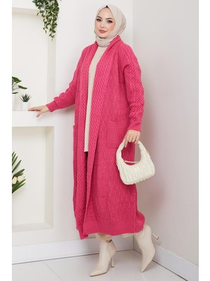 Şal Yaka Salaş Triko Hırka Fuşya HM2248