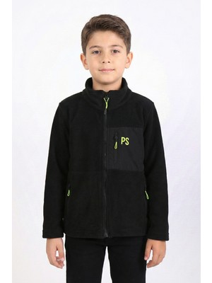 Kinderos Fermuarlı Erkek Çocuk Ceket Pamuk Siyah Polar Regular Kalıp