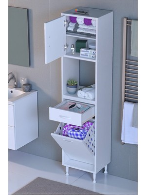 Eliusta Seris Sepetli ve Çekmeceli Banyo Dolabı  G:50 cm Çok Amaçlı Beyaz Düzenleyici 50X173X32,5 cm Dolap