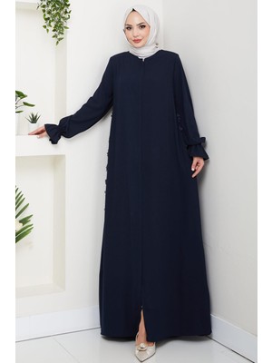 Kolları Volanlı Çiçek Detaylı Ferace Lacivert HM2855