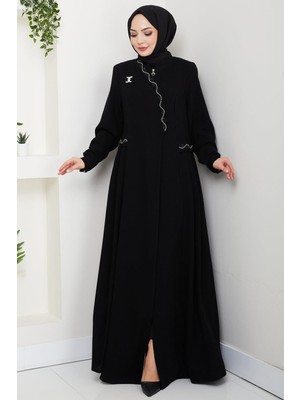 Broşlu Büyük Beden Ferace Siyah HM2843