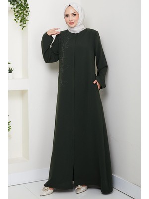 Çiçek Detay Taşlı Ferace Haki HM2847