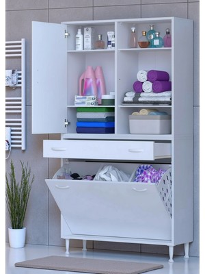 Eliusta Mira Dolap 6 Bölme Çok Fonksiyonlu Banyo Dolabı 100 cm Beyaz Sepetli Dolap 100X171X32,5 cm Organizer