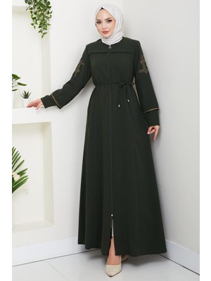 Bağcıklı Kolu Nakışlı Ferace Haki HM2854