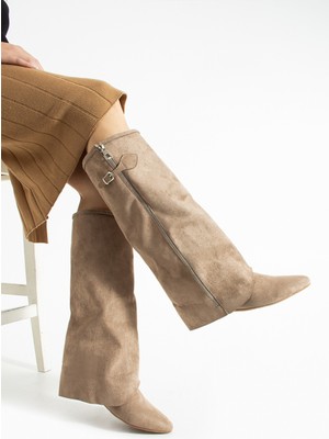 Bufu Hazel Süet Diz Altı Fermuarlı Çizme