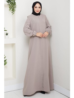 Kolları Taşlı Büyük Beden Ferace Bej HM2801