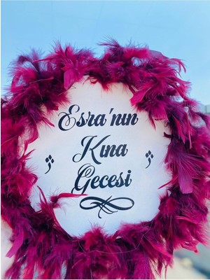 Buffer Kişiye Özel Tüylü Kına Gecesi Tefi,bordo Tüylü Gelin Tefi, Kına Tefi (22 Cm)