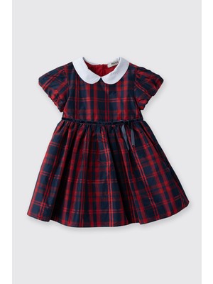 Panço Kız Bebek Bebe Yaka Fiyonk Detaylı Kısa Kollu Ekoseli Lacivert Parti Elbisesi