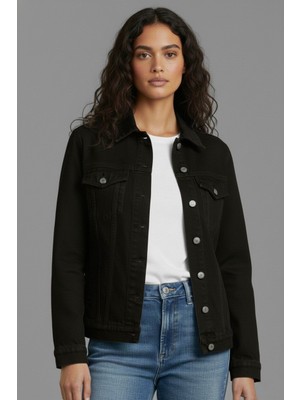 Wkm Kadın Denim Kot Ceket Slim Kesim Çift Cepli Orta Kalınlık Düz Siyah Kumaş